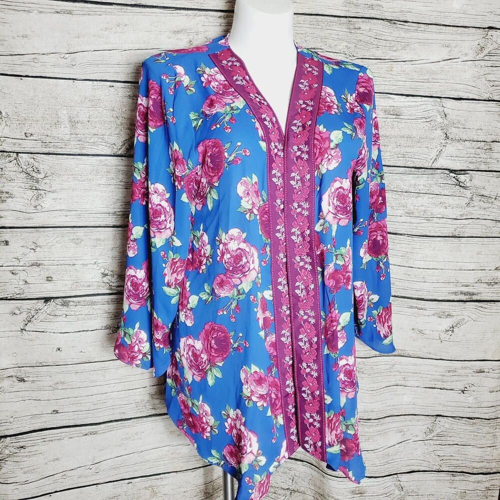 Pioneer Woman Blue Rose Open Front Duster Cover-Up Sz L/XL NWOT